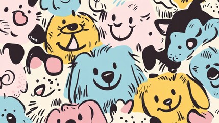 Aufkleber - Colorful doodles of various dog faces express joy, curiosity, and playfulness, surrounded by empty space for additional text. Generative AI