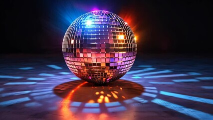 Poster - a glowing disco ball with holographic reflections, surrounded by vibrant neon lights.