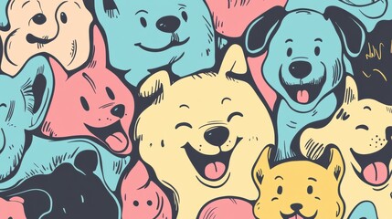 Poster - A vibrant doodle showcases joyful dog faces filled with curiosity and playfulness, featuring diverse expressions against a colorful background. Generative AI