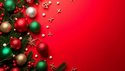 Poster - Vibrant red background showcases festive Christmas decorations and ornaments in a colorful and visually appealing holiday display arrangement._00001_