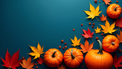 Wall Mural - Vibrant pumpkins and autumn maple leaves against a deep blue background evoke the spirit of Thanksgiving season._00001_