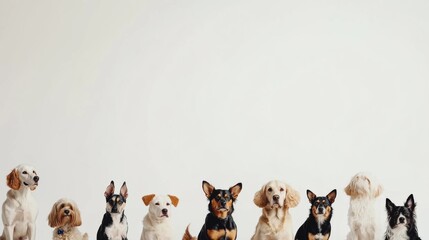 Poster - A diverse group of dogs, varying in breed and size, sits together, showcasing their unique features against a simple backdrop. Generative AI