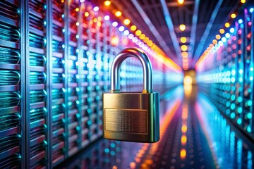 Poster - A Metallic Padlock with Glowing Digital Code Securing a Server Bank in a Data Center, Symbolizing Cybersecurity and Data Protection in a Modern Digital World