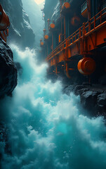 Poster - Swirling water and vibrant machinery create a dynamic interplay of light and water in a captivating and intriguing atmosphere of exploration._00001_