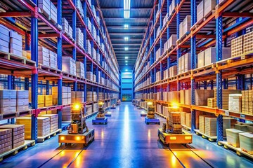 Poster - A Modern Warehouse with Automated Robots Efficiently Navigating Organized Shelves Under Bright Lighting for Optimal Inventory Management and Productivity Enhancement