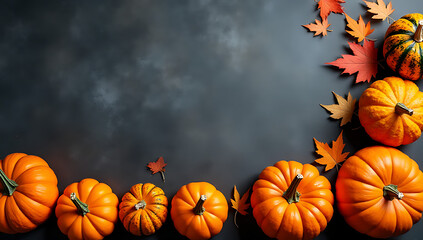 Aufkleber - Pumpkins and gourds arranged in an autumn side border against a dark stone background with plenty of copy space available._00001_