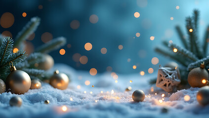 Aufkleber - olden glowing particles scatter in a winter background featuring a blue luxury scene with a festive holiday atmosphere and scattered decorations._00001_