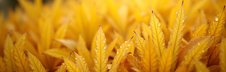 Aufkleber - Narrow yellow and beige leaves with water droplets create a beautiful natural textured pattern in an autumnal botanical setup._00001_