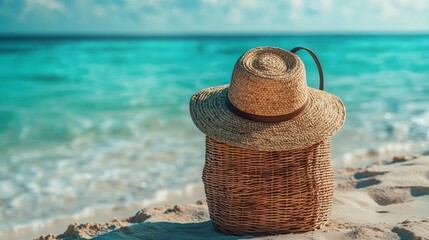 Aufkleber - A woven bag waits on the sandy shore, accompanied by a stylish straw hat, perfect for enjoying the sunny beach atmosphere and the refreshing ocean waves