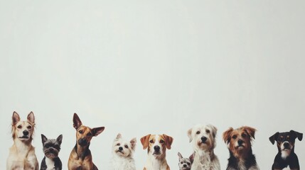 Poster - A variety of dogs sit side by side, showcasing different breeds and sizes, with a light backdrop providing space for text or messages. Generative AI