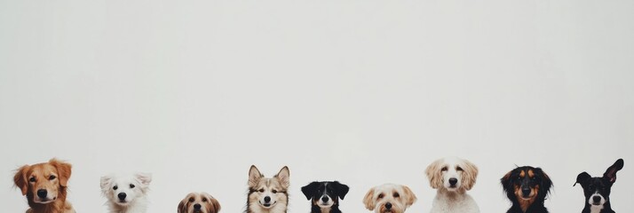 Poster - A variety of dogs, including different breeds and sizes, are sitting side by side in a friendly and calm manner, with a blank background. Generative AI