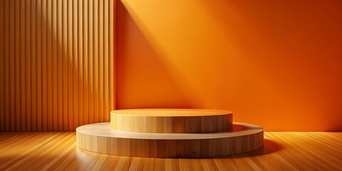 Poster - Architectural Elegance: Natural Wood Podium Against a Vibrant Orange Background for Modern Design Inspiration and Artistic Visualization