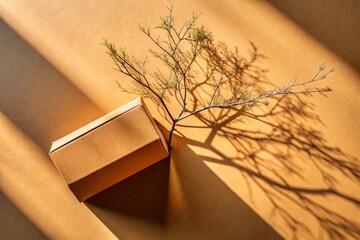 Poster - Architectural Photography of a Brown Flat Cardboard Carton Box Adorned with Intricate Tree Branch Shadows, Artfully Positioned Against a Soft Background