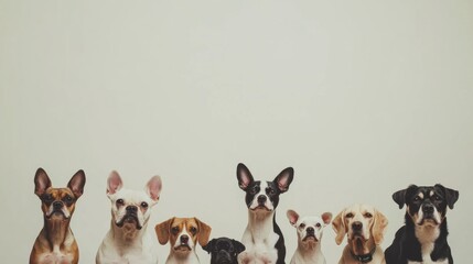 Poster - A variety of dogs in different breeds and sizes sit together, displaying their unique characteristics and calm demeanor in a cozy, indoor setting. Generative AI