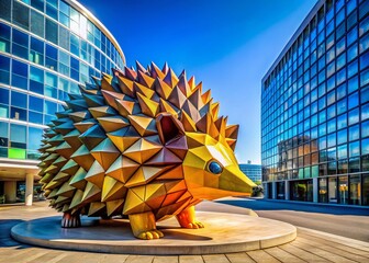 Poster - Architectural Photography of a Modern Line Figure Hedgehog Sculpture in Urban Landscape, Showcasing Contemporary Design Elements and Artistic Integration in City Environment