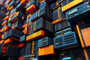 Poster - Visual representation of a futuristic data center with vibrant orange and blue digital structures