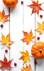 Wall Mural - Autumn maple leaves with pumpkin and red berries on a white wooden background evoke the spirit of Thanksgiving._00001_
