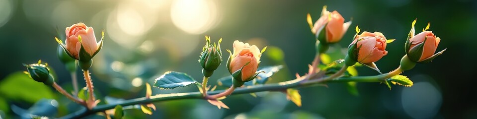 Wall Mural - orange rose buds in sunlight on green blurred background