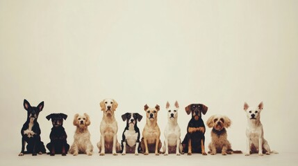 Poster - A collection of dogs of different breeds and sizes are sitting side by side on a neutral background, providing room for text insertions. Generative AI