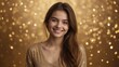 © Creator Studio.Cacau - a young woman in her 20s smiling on a background of golden decoration, festive theme - ai