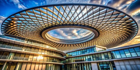 Poster - Architectural Photography of Modern Building with Circular Design Elements and Innovative Roof Covers, Showcasing Unique Structures in Urban Environments