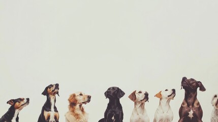 Poster - Various breeds of dogs gather together, sitting patiently and looking attentively in a bright indoor area with a neutral backdrop. Generative AI