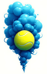 Aufkleber - A vibrant blue smoke cloud surrounds a tennis ball with bold blue and yellow color contrasts in an illustrated graphic design._00001_