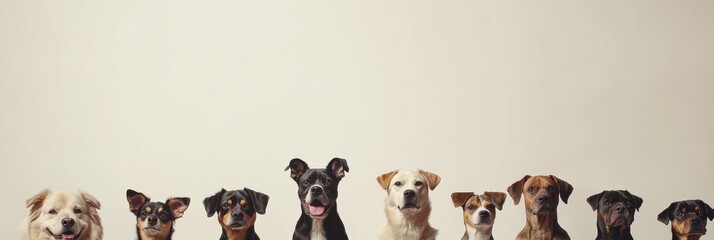 Poster - A variety of dogs of different breeds and sizes sit together with happy expressions in a well-lit indoor space. Generative AI