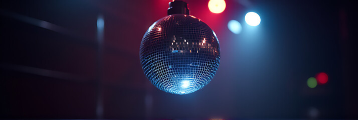 Poster - A shiny silver mirror ball sparkles like a small disco light fixture in a darkened nightclub atmosphere at night sometimes._00001_