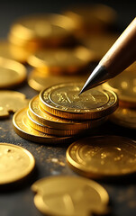 Poster - A set of gold coins lies stacked together, carefully cut into precise shapes with sharp tools._00001_