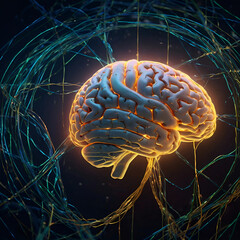 Poster - Visual representation of a human brain glowing with neural connections illustrating neurobiology and cognitive processes
