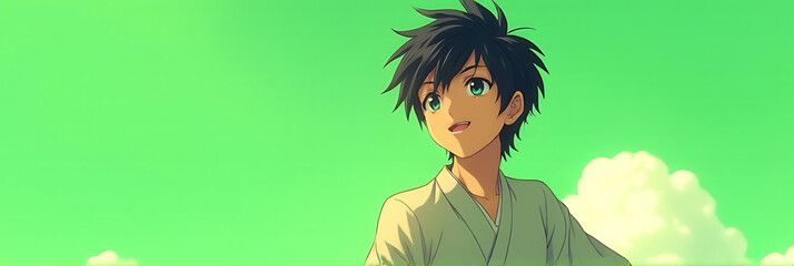 Poster - A handsome Japanese anime boy is set against a soothing green background on this vibrant anime style computer desktop wallpaper._00001_