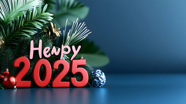 New Year card for the year 2025 with beautiful background. A happy new year is in the center of attention. The surroundings are emphasized. Fireworks and bright colors