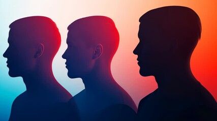 Poster - Silhouetted Human Profiles Against Colorful Gradient Background in Dynamic Modern Art Style