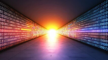 Poster - Abstract Digital Data Stream with Bright Light in Binary Code Corridor