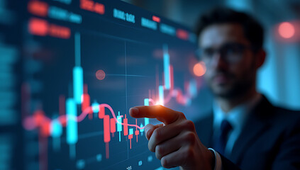 Poster - A businessman points to a growth chart of metaverse tech on a financial graph, analyzing stock market trends and digital economy shifts._00001_