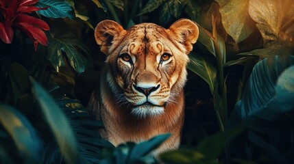 Wall Mural - Majestic lioness portrait among tropical foliage at golden hour. Close-up of female lion with intense gaze surrounded by exotic green leaves creating dramatic wildlife portrait