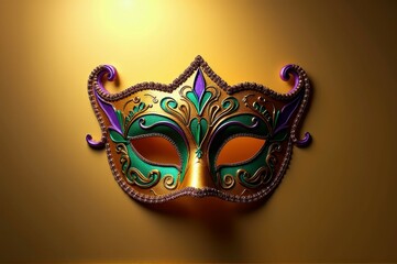 Wall Mural - Intricate purple and gold venetian masquerade mask on yellow background