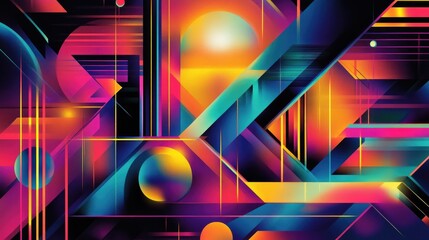 Poster - A vibrant and colorful poster background featuring geometric shapes, neon lights, and bold typography reminiscent of 90s rave flyers.