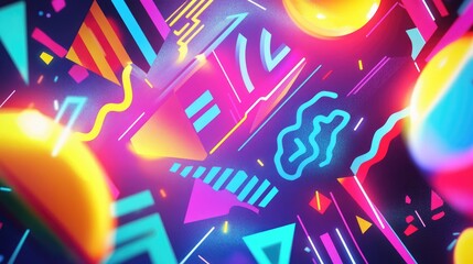 Poster - A vibrant and colorful poster background featuring geometric shapes, neon lights, and bold typography reminiscent of 90s rave flyers.