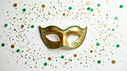 Wall Mural - Gold mask surrounded by green and gold confetti on white background