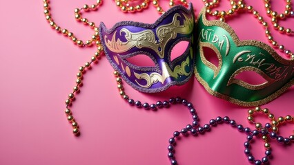 Wall Mural - Colorful mardi gras masks with beaded necklaces on pink background