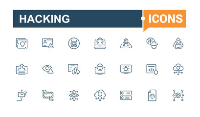 Poster - Hacking line icons set. Containing spam, cyberspace, hacker, criminal, security, virus, hack, threat. Minimalist thin linear icon. Vector icons editable stroke.
