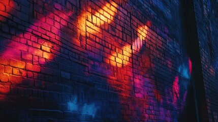 Poster - A vibrant street mural at night, showcasing neon lights casting dynamic shadows on the textured brick wall, adding depth and mystery