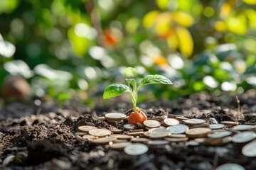 Wall Mural - stack of coins plant growing from coins financial growth concept sunrise background