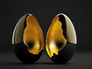 Elegant gold and black Easter egg split open sleek background ideal for luxury product placement