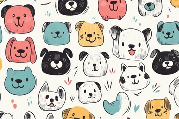 Poster - Colorful doodle-style pattern displays an assortment of dog faces, providing notable space for adding personal text or captions. Generative AI