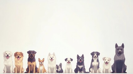 Wall Mural - Various dogs of different breeds and sizes sit together in a spacious environment, showcasing their diversity and companionship. Generative AI