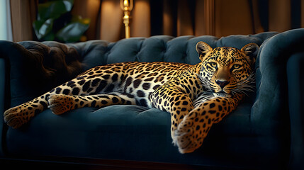 Leopard laying on sofa