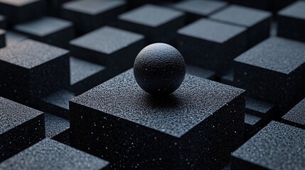 Poster - Black sphere standing on cube in abstract geometric background